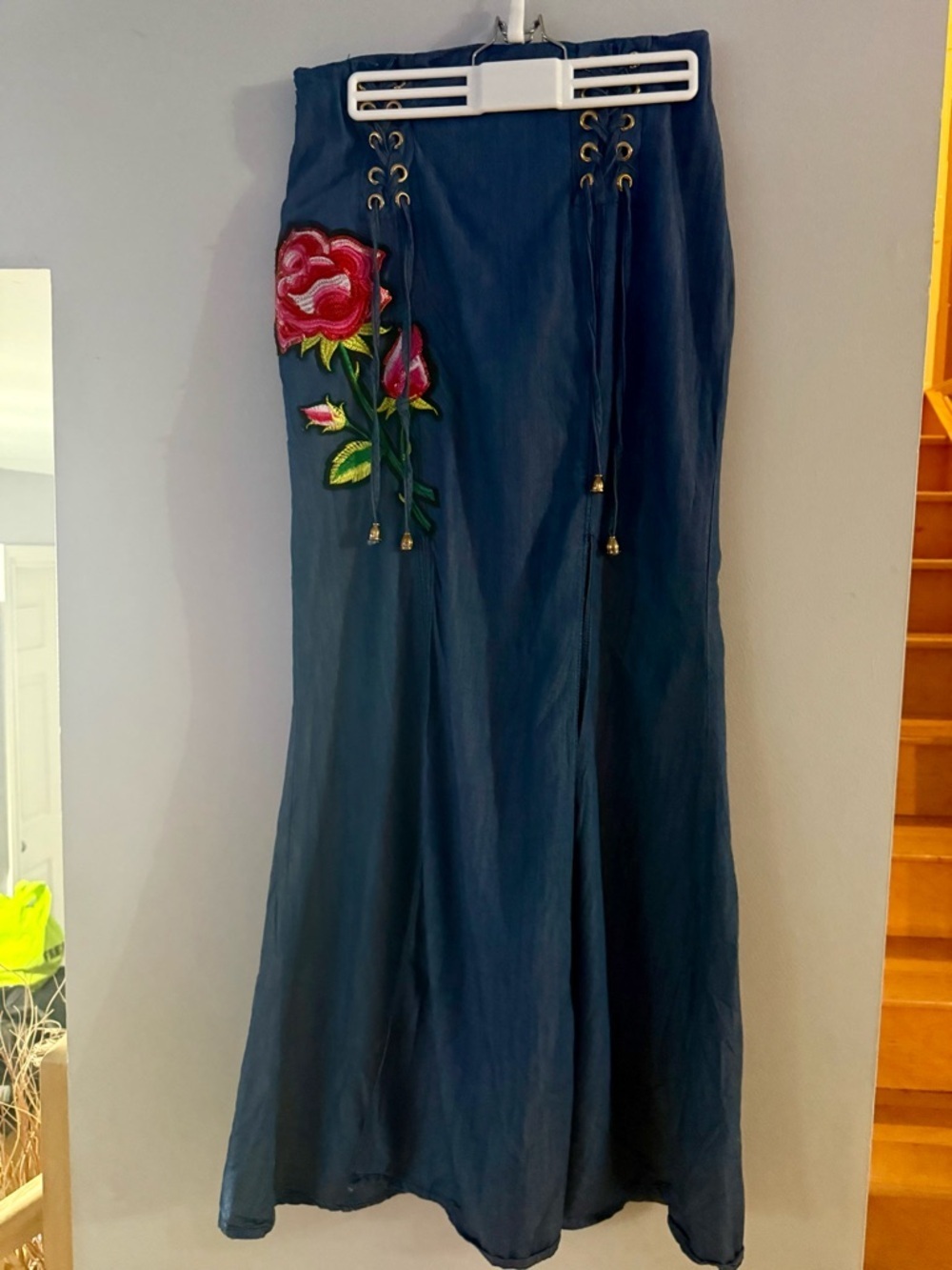 VINTAGE 90s Dygarni California Embroidered Rose Denim Maxi Skirt – Lace-Up Waist